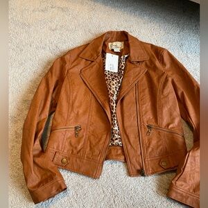 Sans Souci small faux leather cropped brown moto jacket